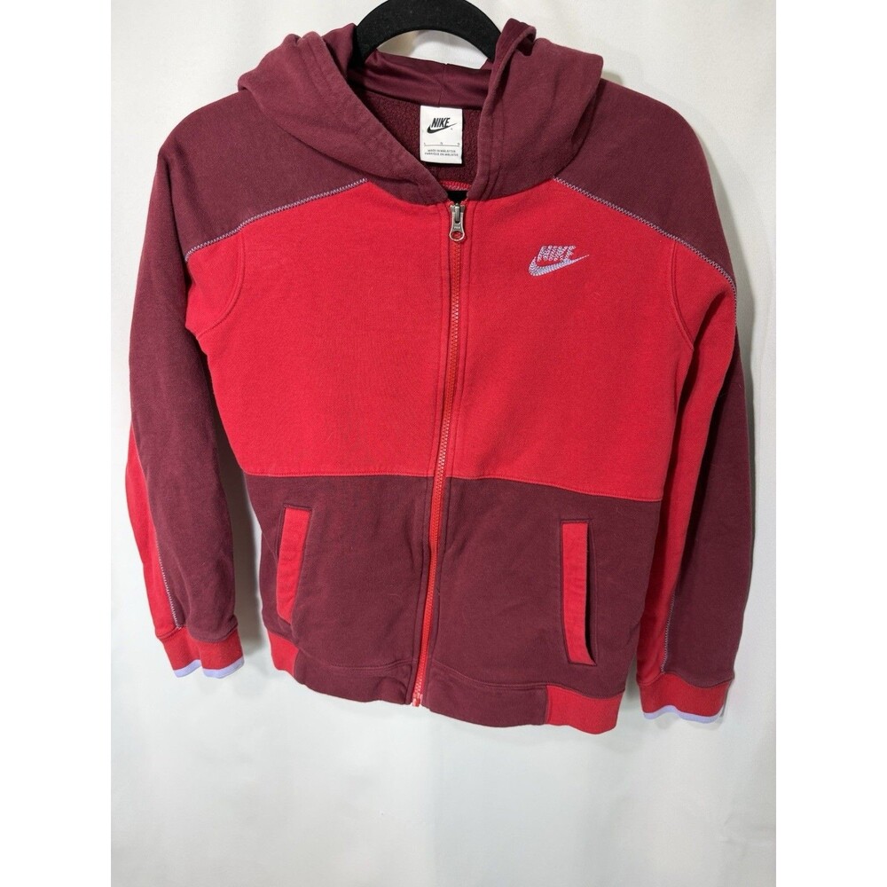 Nike Fleece Hoodie Youth L Red Maroon Colorblock Full-Zip Outdoor Streetwear